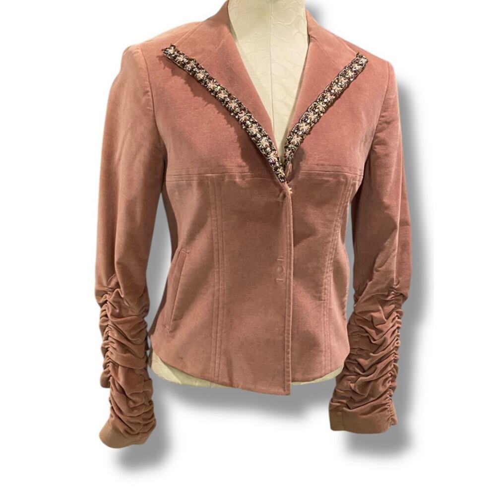 Size 6 Antonio D'errico Italy Womens Mauve Velvet Line Blazer Rouche Sleeve Bead